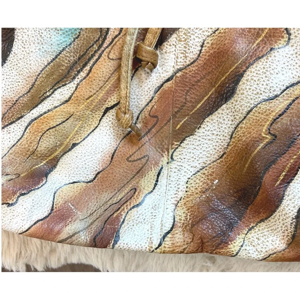 Vintage Hand-Painted Leather Tote Bag Abstract Earth Tone Wave Shoulder Bag